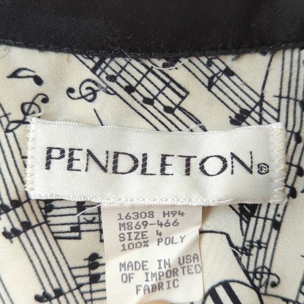 Pendleton 90's Vintage Silky Sheet Music Print Button Down Blouse Cream Black 4 - Picture 4 of 11